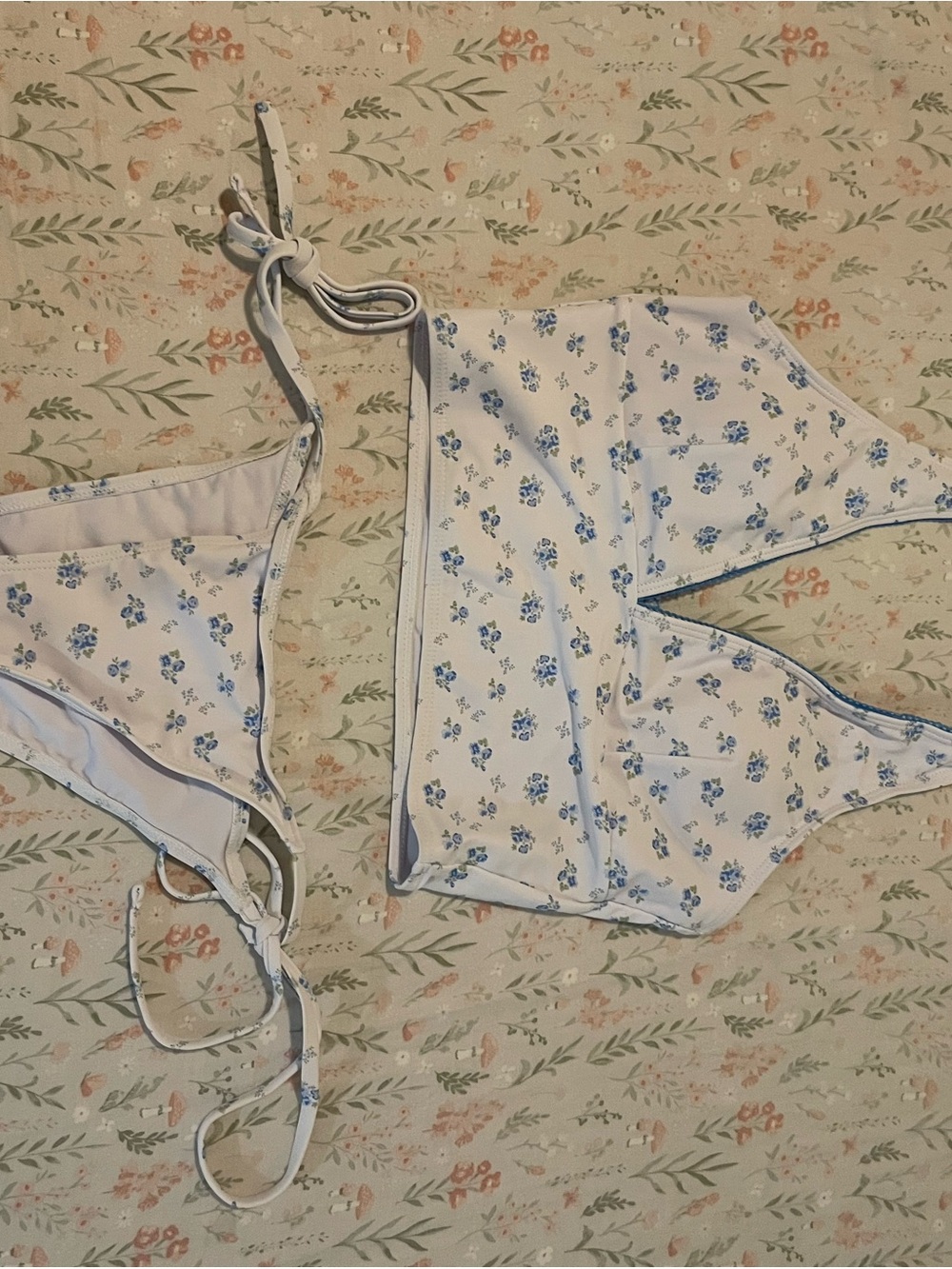 Cider White Bandeau Bikini Top with Blue Floral Print